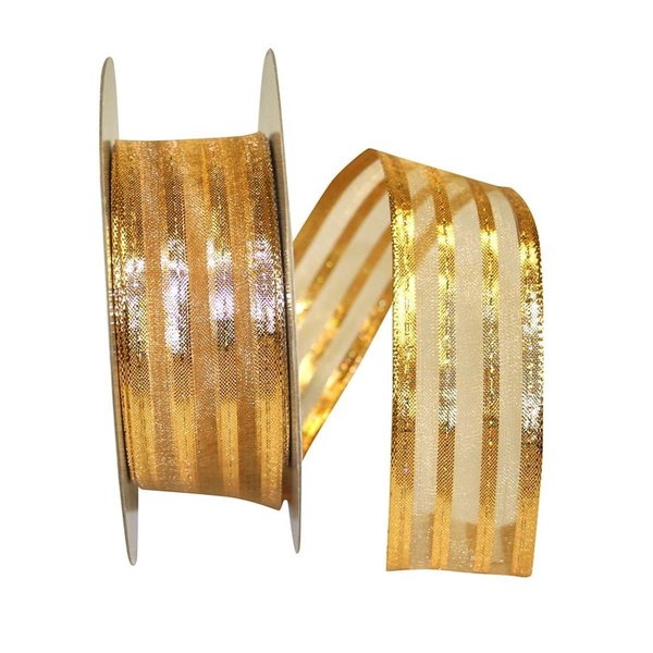 Reliant Ribbon Metallic Stripe Value Wired Edge Ribbon Gold 1.5 in. x 50 yards 92311W-035-09K